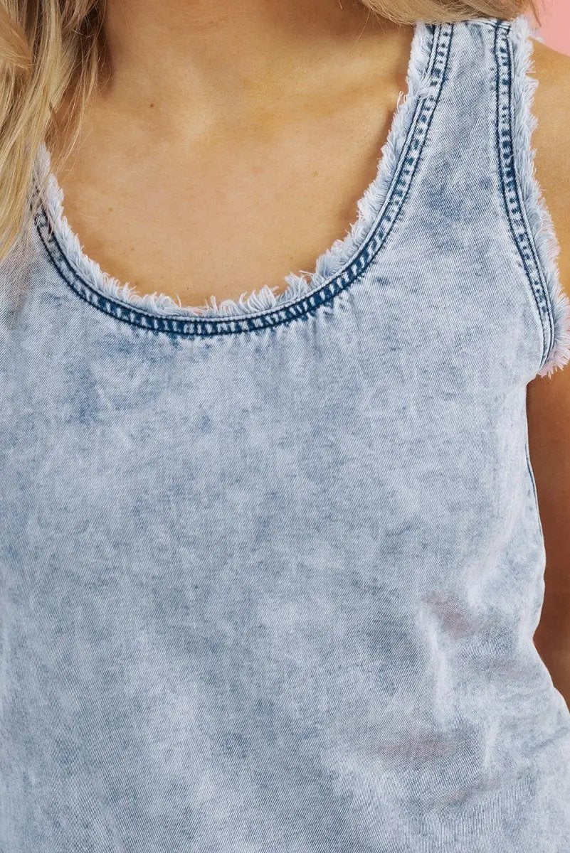 Beau Blue Mineral Wash Denim Frayed U Neck Sleeveless Top - Love Salve